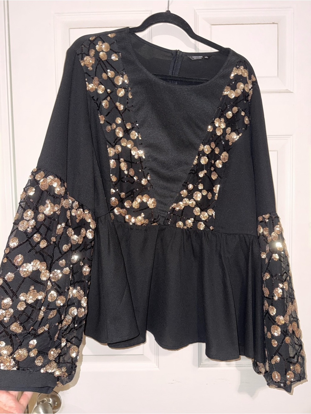 SHEIN Black Peplum Blouse with Gold Sequin Accents